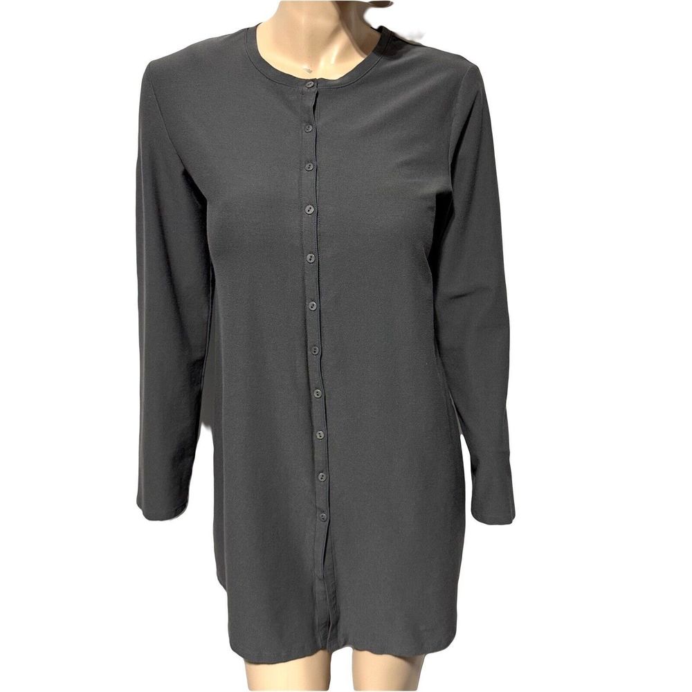 Eileen Fisher Cardigan Size L Large Button Front Gray Longline Tunic Blouse